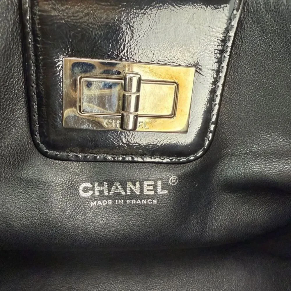 Chanel Patent Mademoiselle lock Convertible Wrist Clutch Black Bag